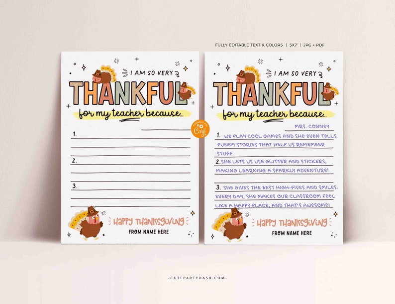 Peut inclure: Carte de remerciement de Thanksgiving imprimable avec une illustration de dinde et une section &agrave; compl&eacute;ter pour que les &eacute;l&egrave;ves &eacute;crivent pourquoi ils sont reconnaissants envers leur professeur. La carte dit "Je suis tellement reconnaissant pour mon professeur parce que..." et "Joyeuses F&ecirc;tes de Thanksgiving !"