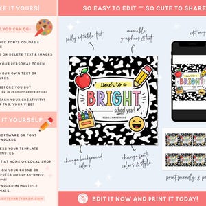 Op de afbeelding: Een digitale uitnodigingssjabloon met een zwart-witte gespikkelde achtergrond. Het ontwerp bevat de tekst "Here's to a BRIGHT school year!" met schoolthema-afbeeldingen. Een smartphone toont het ontwerp en de tekst "Edit it now and print it today!" staat onderaan.