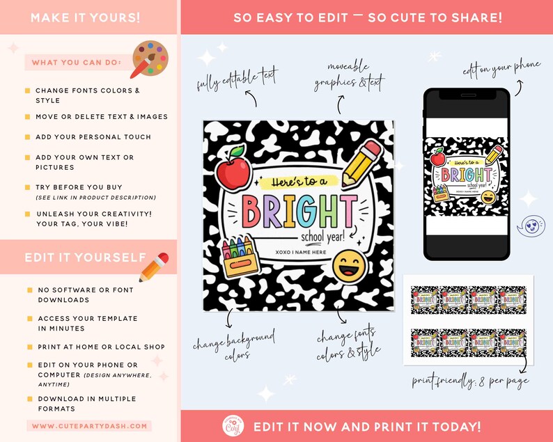 Op de afbeelding: Een digitale uitnodigingssjabloon met een zwart-witte gespikkelde achtergrond. Het ontwerp bevat de tekst "Here's to a BRIGHT school year!" met schoolthema-afbeeldingen. Een smartphone toont het ontwerp en de tekst "Edit it now and print it today!" staat onderaan.