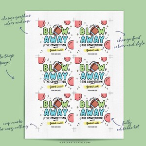 May include: Printable tags featuring a football design and the text "Blow Away The Competition" in green, blue, and yellow. The tags are surrounded by a pink and white polka dot pattern.