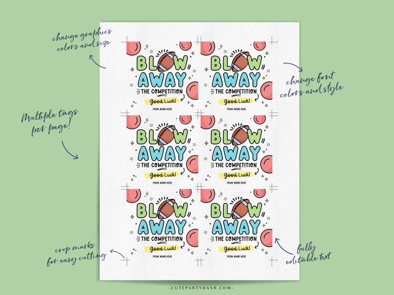May include: Printable tags featuring a football design and the text "Blow Away The Competition" in green, blue, and yellow. The tags are surrounded by a pink and white polka dot pattern.