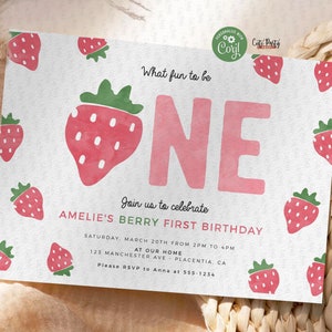 Berry First Birthday invitation digital Strawberry Printable invite Editable Berry Sweet One Girl birthday party INSTANT DOWNLOAD 408