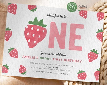 Strawberry First Birthday Invitation: Berry Sweet One (Digital Download)