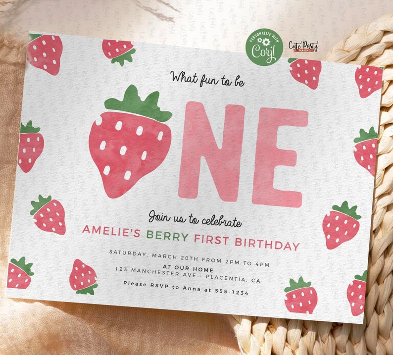 Berry First Birthday invitation digital Strawberry Printable invite Editable Berry Sweet One Girl birthday party INSTANT DOWNLOAD 408