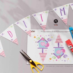 May include: Printable banner with the word "EDDIE" in purple letters on a white background with pink and purple accents. The banner is decorated with small birds and flowers. The image also shows a printable sheet with two birdhouse designs and the text "fully editable text - instant access - changeable font styles".
