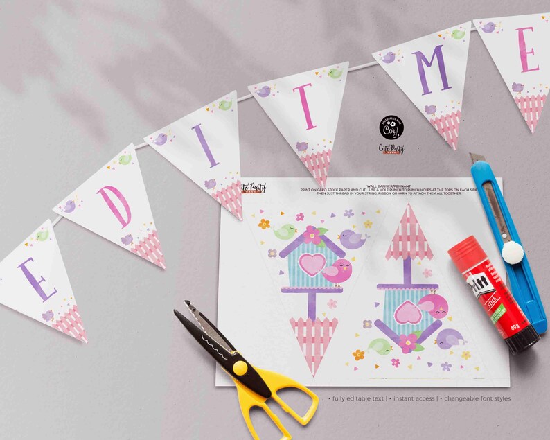 May include: Printable banner with the word "EDDIE" in purple letters on a white background with pink and purple accents. The banner is decorated with small birds and flowers. The image also shows a printable sheet with two birdhouse designs and the text "fully editable text - instant access - changeable font styles".