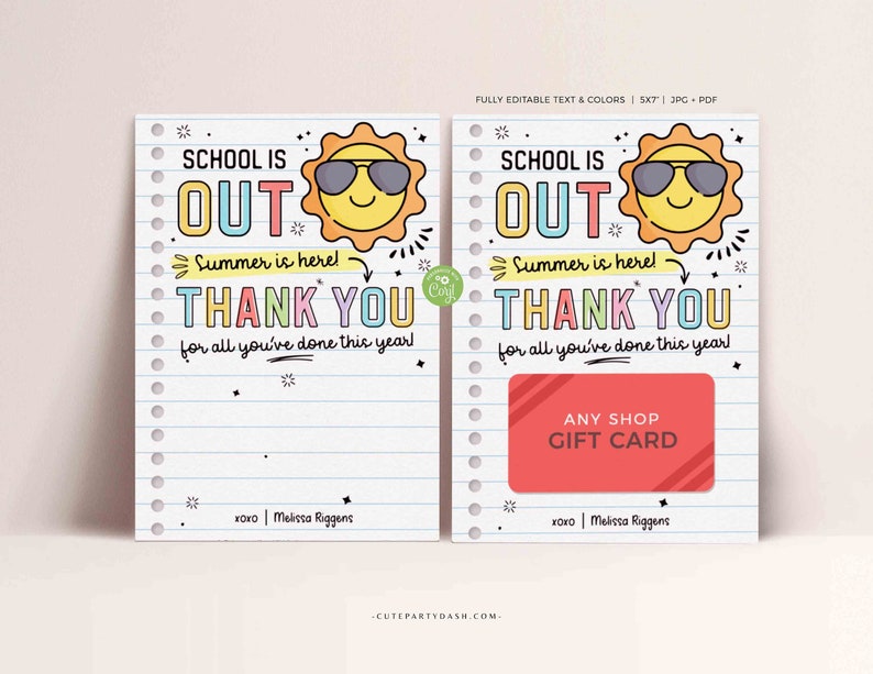 End of Year Teacher Gift Card Holder Summer Thank You Gift Card Holder template Printable Teacher Appreciation Week Gift INSTANT DOWNLOAD