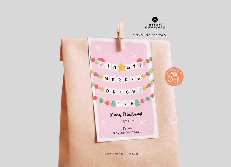 In My Christmas Era Gift Tag Printable INSTANT DOWNLOAD In My Merry & Bright Era Christmas Friendship Bracelet Unique Trendy Holiday Tag for