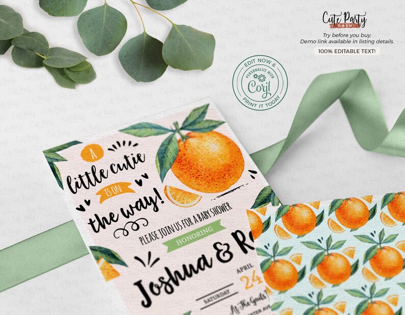 May include: Baby shower invitation featuring watercolor oranges and green leaves. The invitation reads "A little cutie is on the way!" with details for Joshua & R's baby shower. Includes a matching patterned design.