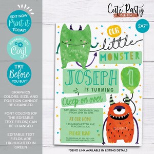INSTANT DOWNLOAD EDITABLE Little Monster Birthday Invitations Monster ...