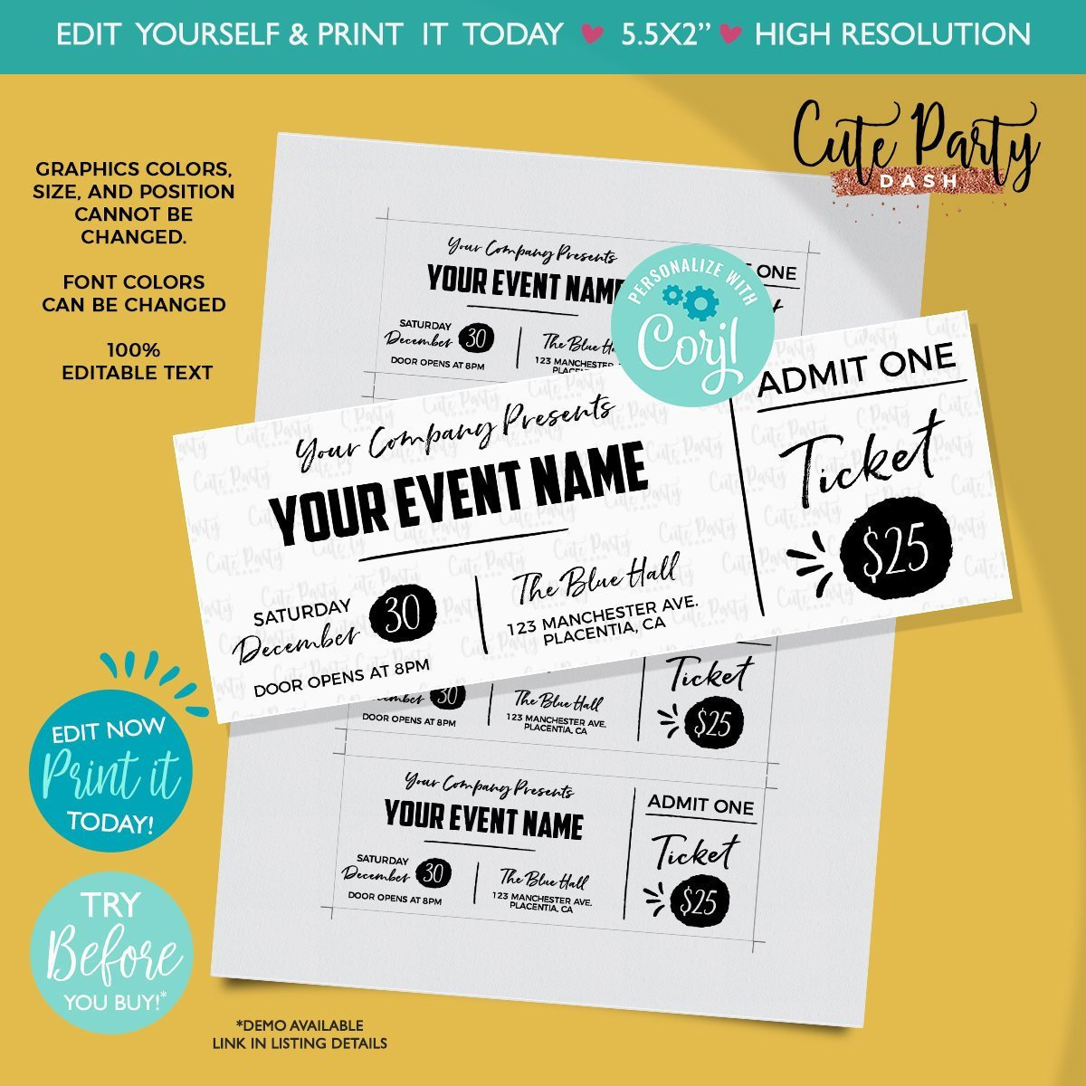 instant download editable event ticket printable event etsy
