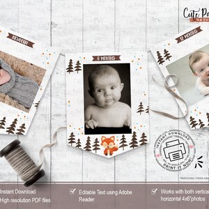Op de afbeelding: Printbare baby mijlpaalbanner met een bos thema. De banner heeft een bruin, wit en blauw kleurenschema met afbeeldingen van vossen en bomen. De banner is ontworpen om 4x6 foto's te houden en bevat de tekst "Nieuwgeboren", "6 maanden" en "12 maanden".