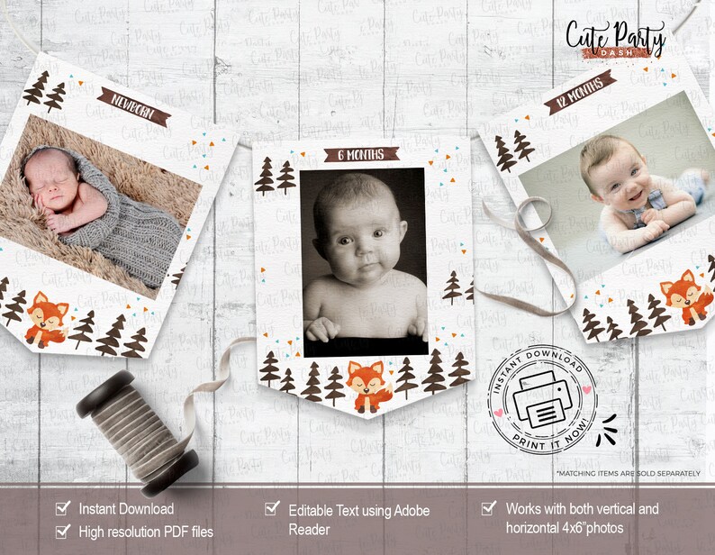 Op de afbeelding: Printbare baby mijlpaalbanner met een bos thema. De banner heeft een bruin, wit en blauw kleurenschema met afbeeldingen van vossen en bomen. De banner is ontworpen om 4x6 foto's te houden en bevat de tekst "Nieuwgeboren", "6 maanden" en "12 maanden".