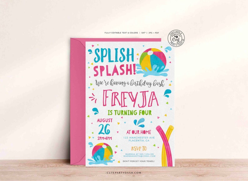 Editable Pool party invitation template Girl INSTANT DOWNLOAD Printable Pool Birthday Summer Theme digital invitation Beach Ball invite 427