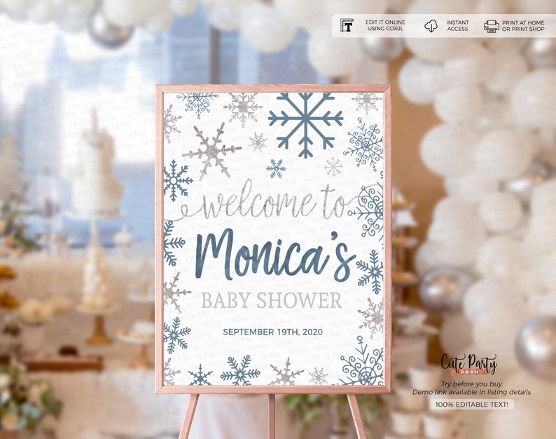 May include: A printable welcome sign for a baby shower with a winter theme. The sign features a white background with blue and gray snowflakes and the text "Welcome to Monica's Baby Shower September 19th, 2020".