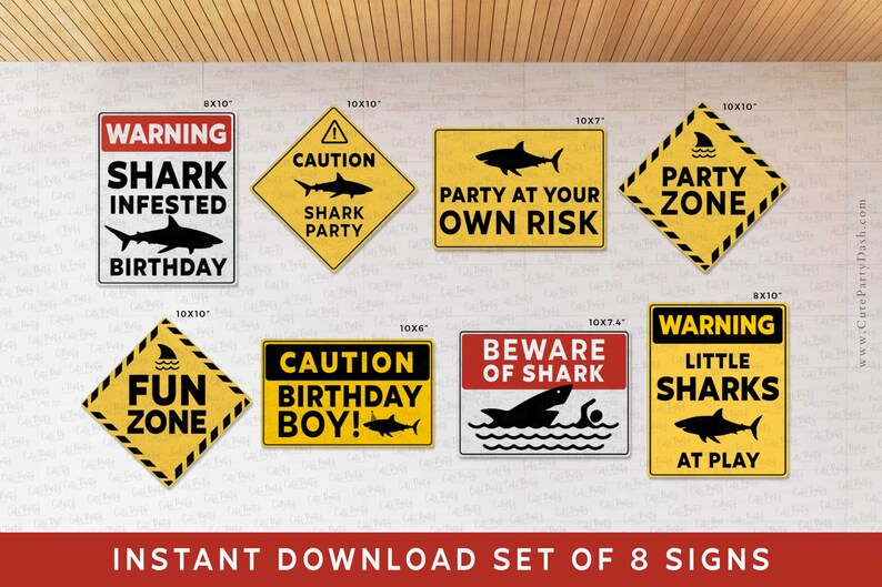 Puede incluir: Conjunto de ocho carteles de fiesta imprimibles con tem&aacute;tica de tiburones en amarillo y negro con texto de advertencia y precauci&oacute;n. Los carteles son de varios tama&ntilde;os y presentan diferentes frases relacionadas con los tiburones como "Cumplea&ntilde;os infestado de tiburones", "Zona de fiesta", "Zona de diversi&oacute;n" y "Peque&ntilde;os tiburones en juego".
