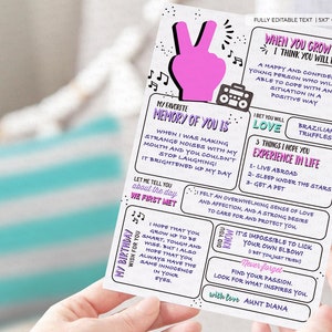 May include: A pink and purple printable card with the text "When you grow up I think you will be" and "My favourite memory of you is". The card also includes the text "I bet you will love Brazilian truffles" and "3 things I hope you experience in life: 1. Live abroad 2. Sleep under the stars 3. Get a pet".