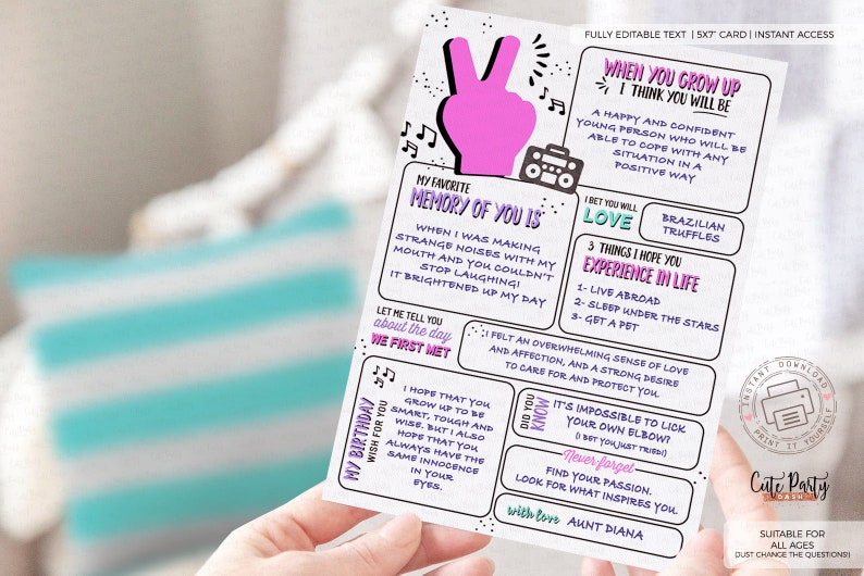 May include: A pink and purple printable card with the text "When you grow up I think you will be" and "My favourite memory of you is". The card also includes the text "I bet you will love Brazilian truffles" and "3 things I hope you experience in life: 1. Live abroad 2. Sleep under the stars 3. Get a pet".