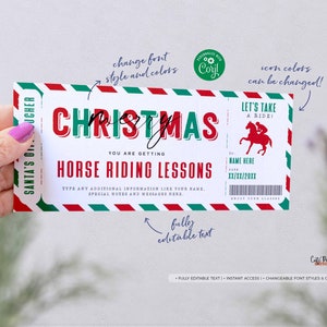 May include: A printable Christmas gift voucher for horse riding lessons. The voucher is designed to look like a vintage airline ticket with red, green, and white stripes. The text on the voucher reads "Santa's Gift Voucher", "Christmas", "You are getting Horse Riding Lessons", "Let's Take a Ride!" and "Name Here".
