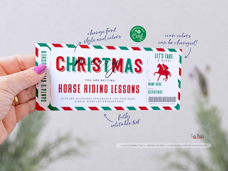 May include: A printable Christmas gift voucher for horse riding lessons. The voucher is designed to look like a vintage airline ticket with red, green, and white stripes. The text on the voucher reads "Santa's Gift Voucher", "Christmas", "You are getting Horse Riding Lessons", "Let's Take a Ride!" and "Name Here".