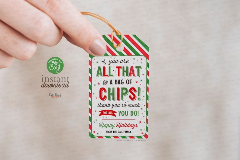 May include: A red and green striped gift tag with the text "You are all that and a bag of chips! Thank you so much for all you do! Happy Holidays from the Gail family."