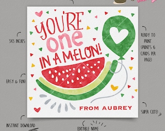 INSTANT DOWNLOAD - EDITABLE Valentine's day Card one in a melon Valentines Day card for kids Valentine's classroom Card Valentines day favor