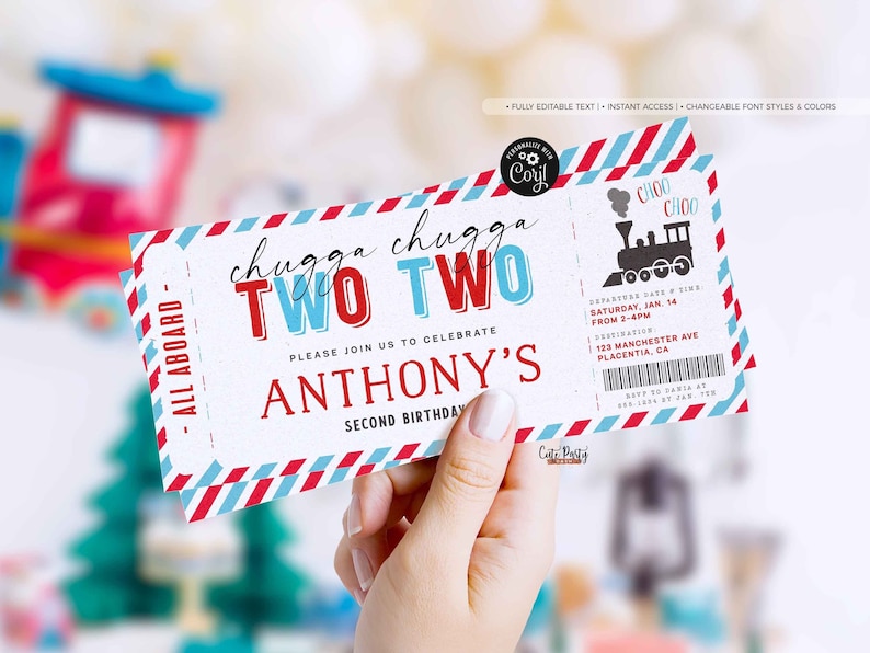 May include: A train-themed birthday invitation with red, white, and blue stripes. The invitation says "chugga chugga TWO TWO" and "Anthony's Second Birthday".