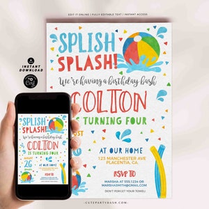 Pool party invitation Boy Girl Printable INSTANT DOWNLOAD EDITABLE Pool party Birthday Invite Digital beach ball decoration Summer Party 427