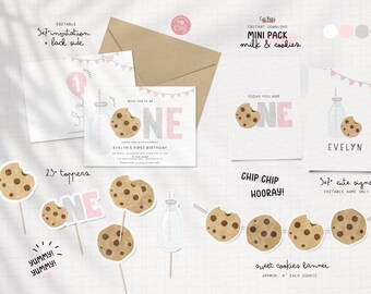 May include: Printable party decorations for a first birthday with a milk and cookies theme. The set includes an invitation, cupcake toppers, a banner, and cute signs. The decorations feature a milk bottle, cookies, and the number one in pink and gray.