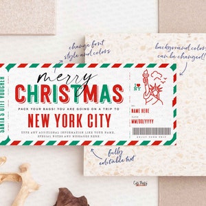 May include: A printable Christmas gift voucher with a red, green, and white striped border. The voucher is for a trip to New York City and features a drawing of the Statue of Liberty. The text reads "Merry Christmas, Pack your bags! You are going on a trip to New York City".