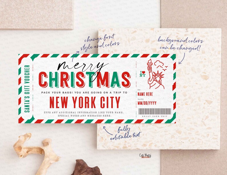 May include: A printable Christmas gift voucher with a red, green, and white striped border. The voucher is for a trip to New York City and features a drawing of the Statue of Liberty. The text reads "Merry Christmas, Pack your bags! You are going on a trip to New York City".