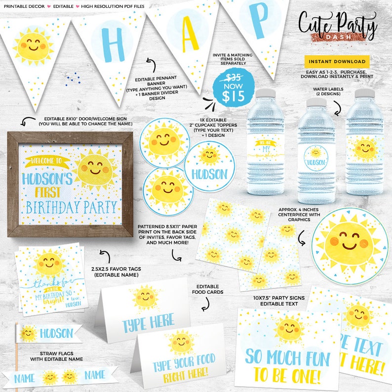 Op de afbeelding: Een set met printbare feestversieringen met een gele zon met een glimlach. De set bevat een banner, cupcaketoppers, etiketten voor waterflessen, bedankkaartjes, menukaarten en feestborden. De tekst "Cute Party Dash" is zichtbaar in de rechterbovenhoek van de afbeelding. De tekst "Hudson's First Birthday Party" is zichtbaar in het midden van de afbeelding.