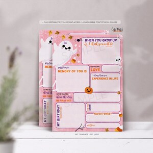 May include: A printable pink and purple Halloween-themed memory book for a child's first birthday. The book features a ghost, a pumpkin, and the text "When you grow up I think you will be..." and "My favorite memory of you is..."