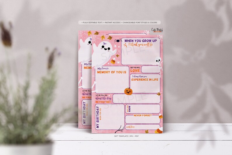 May include: A printable pink and purple Halloween-themed memory book for a child's first birthday. The book features a ghost, a pumpkin, and the text "When you grow up I think you will be..." and "My favorite memory of you is..."
