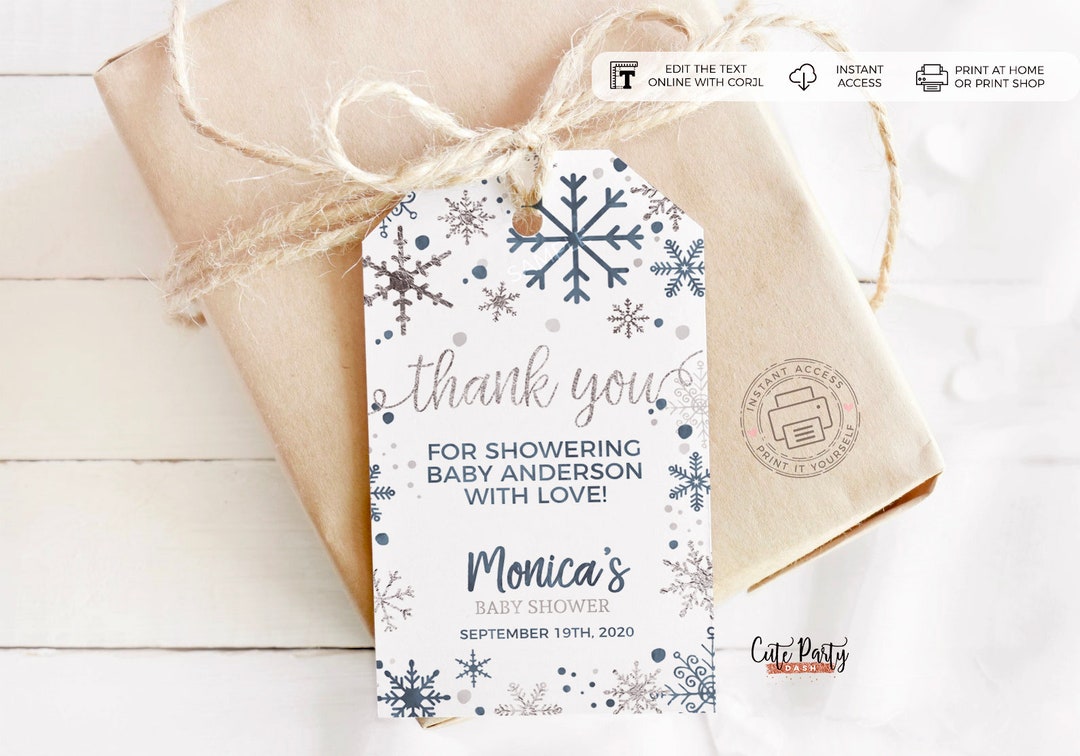Winter Wonderland Baby Shower Favor Tags: Snowflake Thank You (editable ...