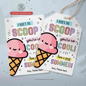 Ice Cream You're so Cool Tag Printable Here's the Scoop Editable Have a Great Summer End of School Year Tag INSTANT DOWNLOAD