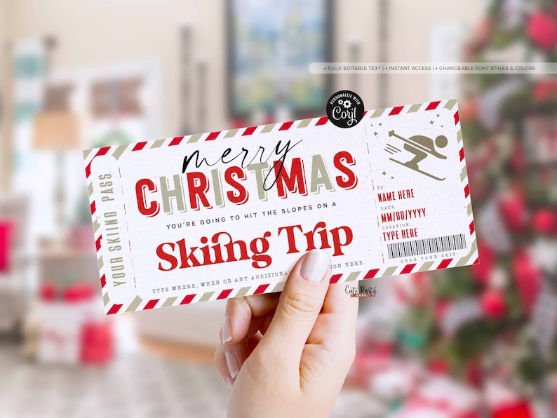 Christmas Surprise Ski Trip Ticket Template, Skiing Pass Gift Voucher