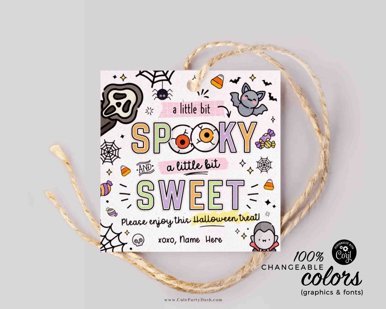 May include: A printable Halloween treat tag with a pink, orange, yellow, and green color scheme. The tag features a cartoon ghost, bat, spider, and candy corn. The text reads "a little bit spooky and a little bit sweet. Please enjoy this Halloween treat! xoxo, Name Here".