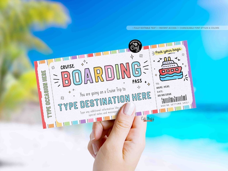 Cruise Boarding Pass Vacation Ticket Gift Voucher, Editable Gift Ticket Template, Surprise Cruise Trip gift ticket, INSTANT DOWNLOAD