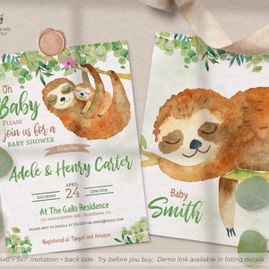 May include: A watercolor illustration of a sloth with a baby sloth on its back. The illustration is on a white background with green leaves. The text "Oh Baby" is written in green letters. The text "Please join us for a Baby Shower" is written in green letters. The text "honoring Adele & Henry Carter" is written in green letters. The text "Saturday April 24 2PM-4PM" is written in black letters. The text "At The Gails Residence 123 Manchester Ave. Placentia, CA" is written in black letters. The text "Please RSVP to Angela at 555-1234 or angela@gmail.com" is written in black letters. The text "Registered at Target and Amazon" is written in black letters.