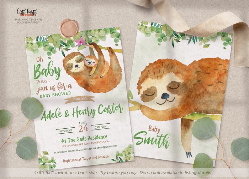 May include: A watercolor illustration of a sloth with a baby sloth on its back. The illustration is on a white background with green leaves. The text "Oh Baby" is written in green letters. The text "Please join us for a Baby Shower" is written in green letters. The text "honoring Adele & Henry Carter" is written in green letters. The text "Saturday April 24 2PM-4PM" is written in black letters. The text "At The Gails Residence 123 Manchester Ave. Placentia, CA" is written in black letters. The text "Please RSVP to Angela at 555-1234 or angela@gmail.com" is written in black letters. The text "Registered at Target and Amazon" is written in black letters.