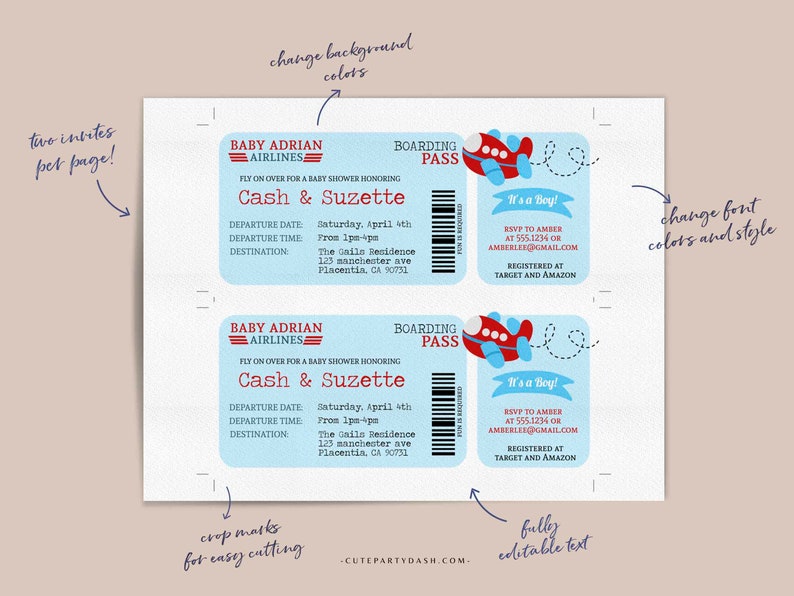 Airplane Baby Shower invite Template Editable Boarding Pass Baby Shower Ticket invitation Printable Baby Boy Shower 213 INSTANT DOWNLOAD