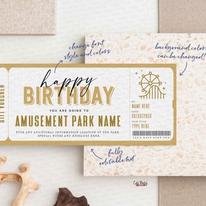 May include: A printable gift voucher template with a gold border and a festive amusement park theme. The text reads "Happy Birthday" and "You are going to [Amusement Park Name]" with space to add a name, date, and park type. The voucher is fully editable.