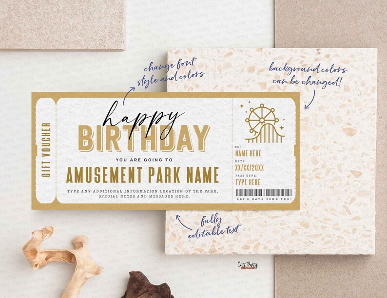 May include: A printable gift voucher template with a gold border and a festive amusement park theme. The text reads "Happy Birthday" and "You are going to [Amusement Park Name]" with space to add a name, date, and park type. The voucher is fully editable.