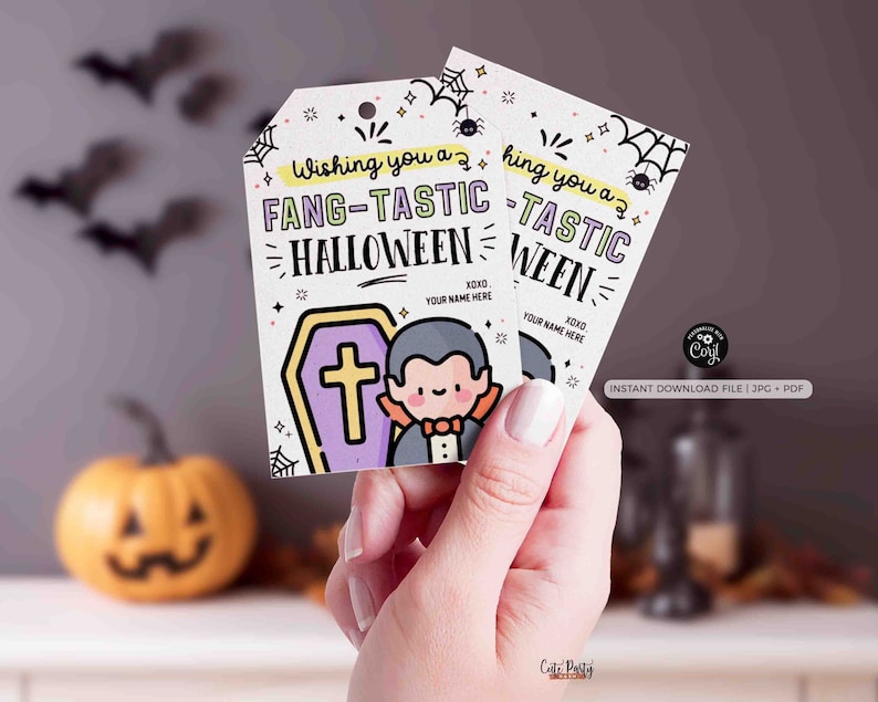 Editable Halloween Gift Tag Template, Fang-tastic Design (Digital Download) image 1