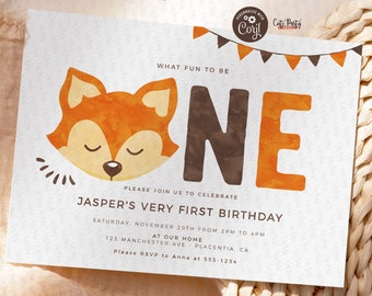 Fox First Birthday Invitation: Editable Woodland Party Card (Digital Download)