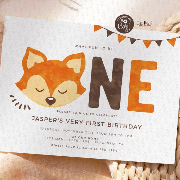 Fox First Birthday invitation, INSTANT DOWNLOAD, EDITABLE  Woodland Party invitation, Fox Birthday Party Card, Woodland Corjl invite 458