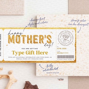 Mother's Day Gift Voucher, Surprise Gift for Mom Certificate Template, Experience Ticket Editable Golden Gift Ticket Coupon INSTANT DOWNLOAD