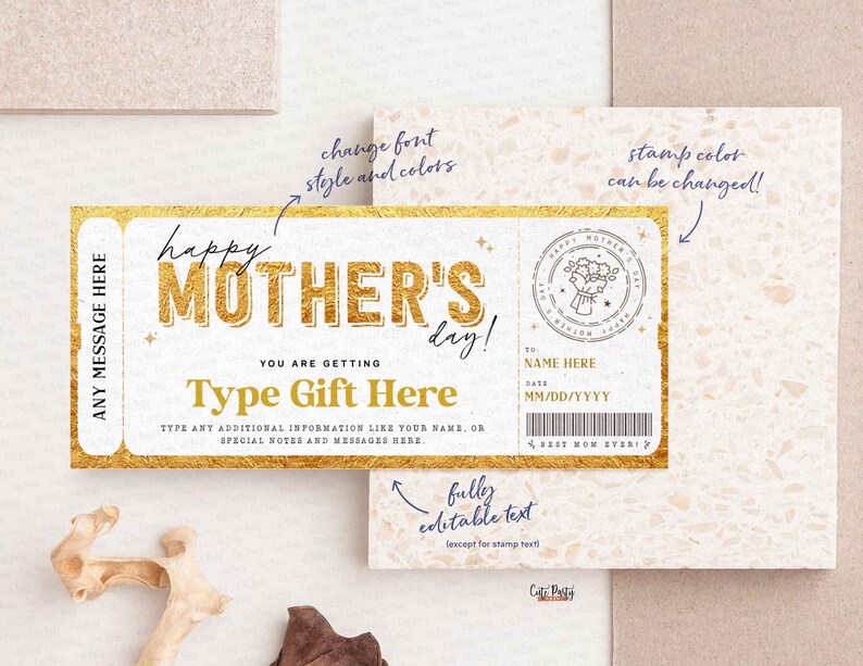 Mother's Day Gift Voucher, Surprise Gift for Mom Certificate Template, Experience Ticket Editable Golden Gift Ticket Coupon INSTANT DOWNLOAD