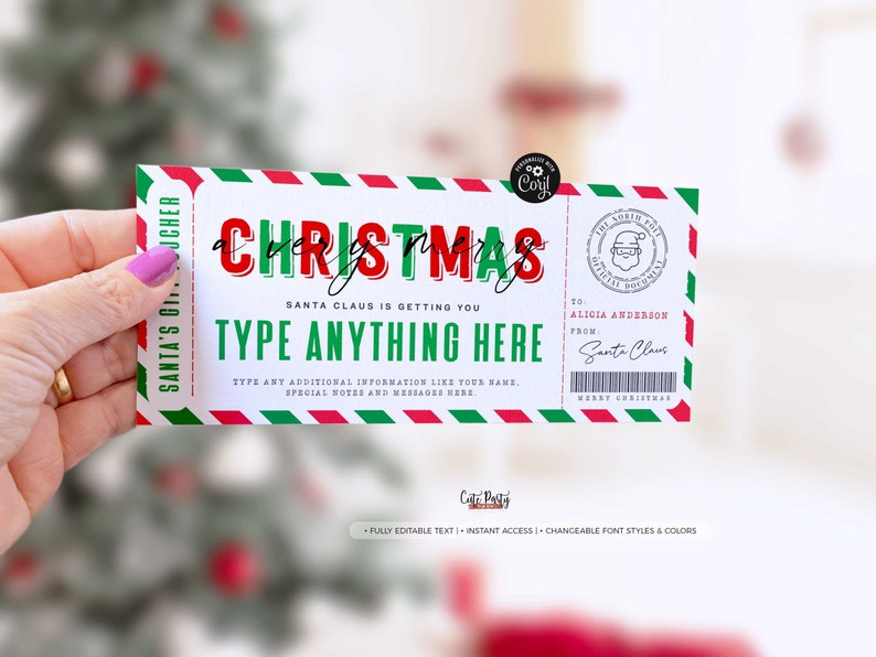 May include: A Christmas gift voucher with a red and green striped border. The word "CHRISTMAS" is prominently displayed in red and green. The voucher includes space to type a message and is signed "Santa Claus."